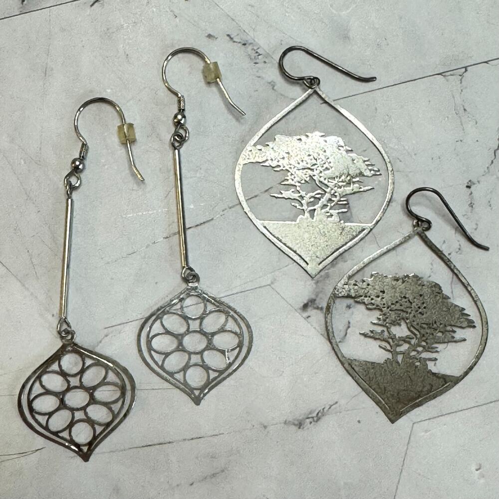 Vintage 2 Pair Open Work Dangle Earrings Ken Kantro Signed 1987 Laser Cut Tree